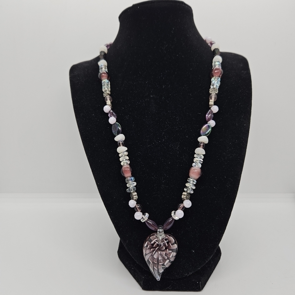 purple and clear beaded art glass pendant necklace